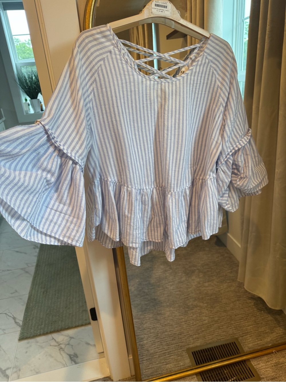 entro Light Blue and White Striped Ruffle Peplum Top with Crisscross Back